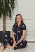 Cotton Floral Print Short Sleeve Shirt and Pajama Set