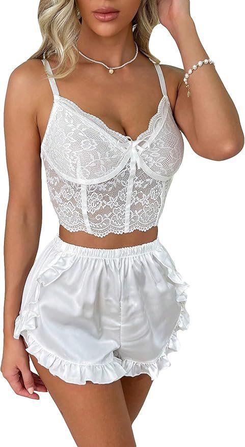 Rara Women's V-Neck Lace Mesh Sleepwear Ruffle Hem Shorts Pajama Set White -