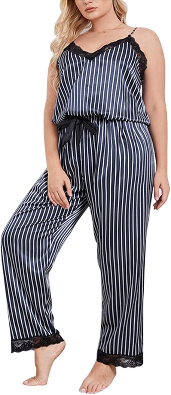 Women's 2 Piece Pajama Set Plus Size Sexy Lace Lingerie Striped Satin Sleepwear -