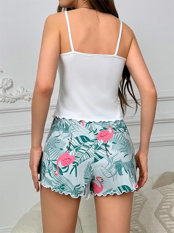 Women's Sexy Lingerie Pajamas 2 Piece Set Top Shorts Pants Cute Printed Tank Elastic Waist Tank Casual Set -