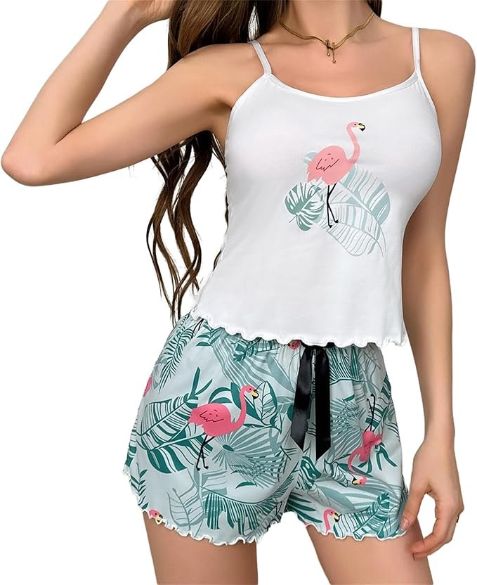 Women's Sexy Lingerie Pajamas 2 Piece Set Top Shorts Pants Cute Printed Tank Elastic Waist Tank Casual Set -