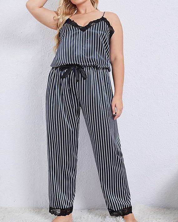 Women's 2 Piece Pajama Set Plus Size Sexy Lace Lingerie Striped Satin Sleepwear -