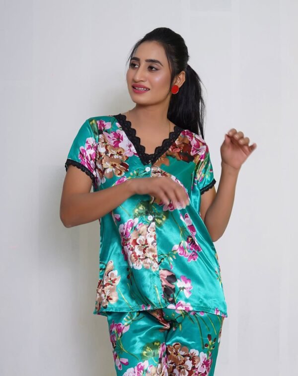 Emerald Floral Satin Pajama Set – Soft & Stylish Nightwear -