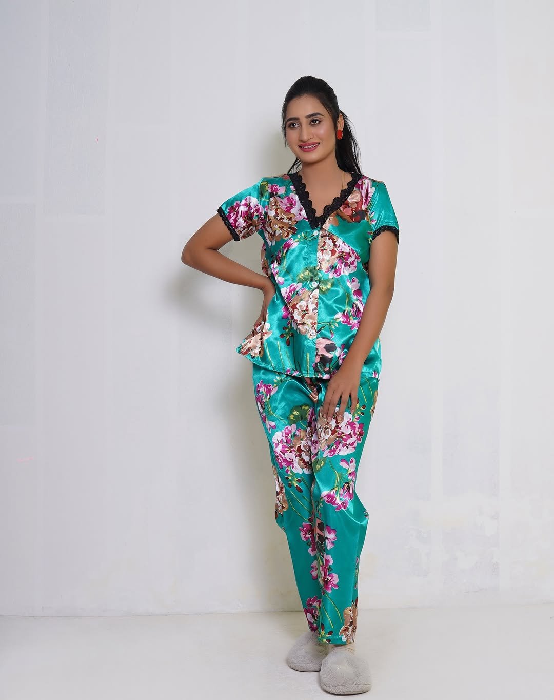 Emerald Floral Satin Pajama Set – Soft & Stylish Nightwear -