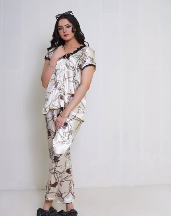 Elegant Satin Chain-Print Pajama Set – Luxurious Sleepwear -